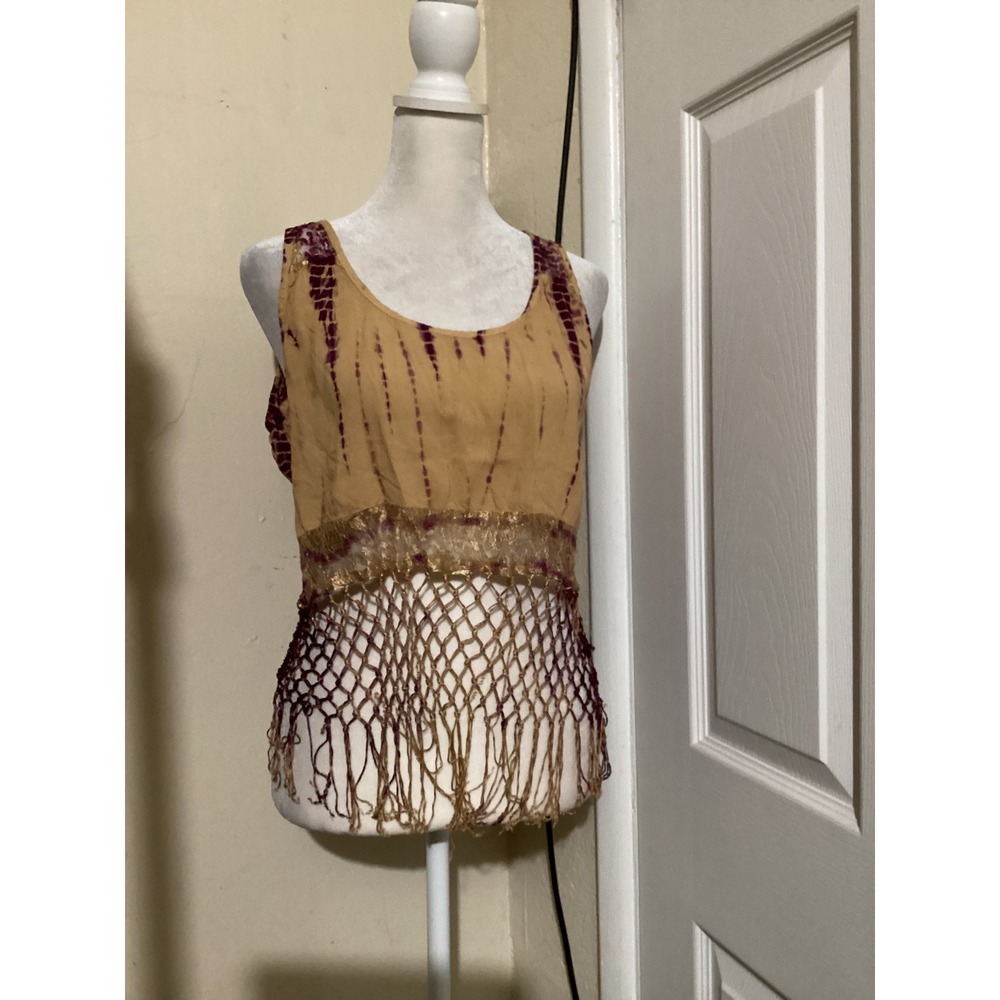 Patrons of Peace Tan Purple Tie Dye Fringe Macrame Tank Top Womens Large L